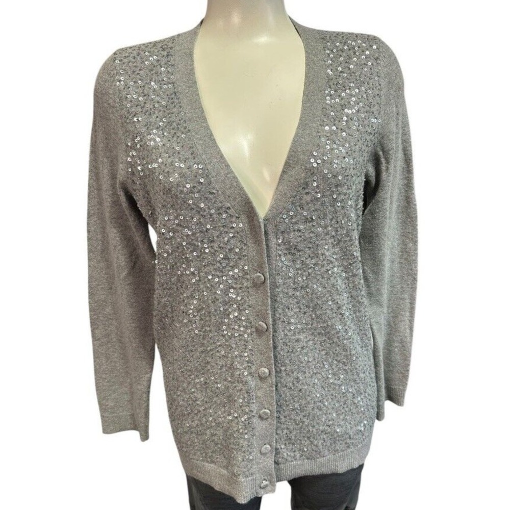 Talbots Women's Cardigan Sweater Lambswool Angora V-Neck‎ Size M Sequins Gray